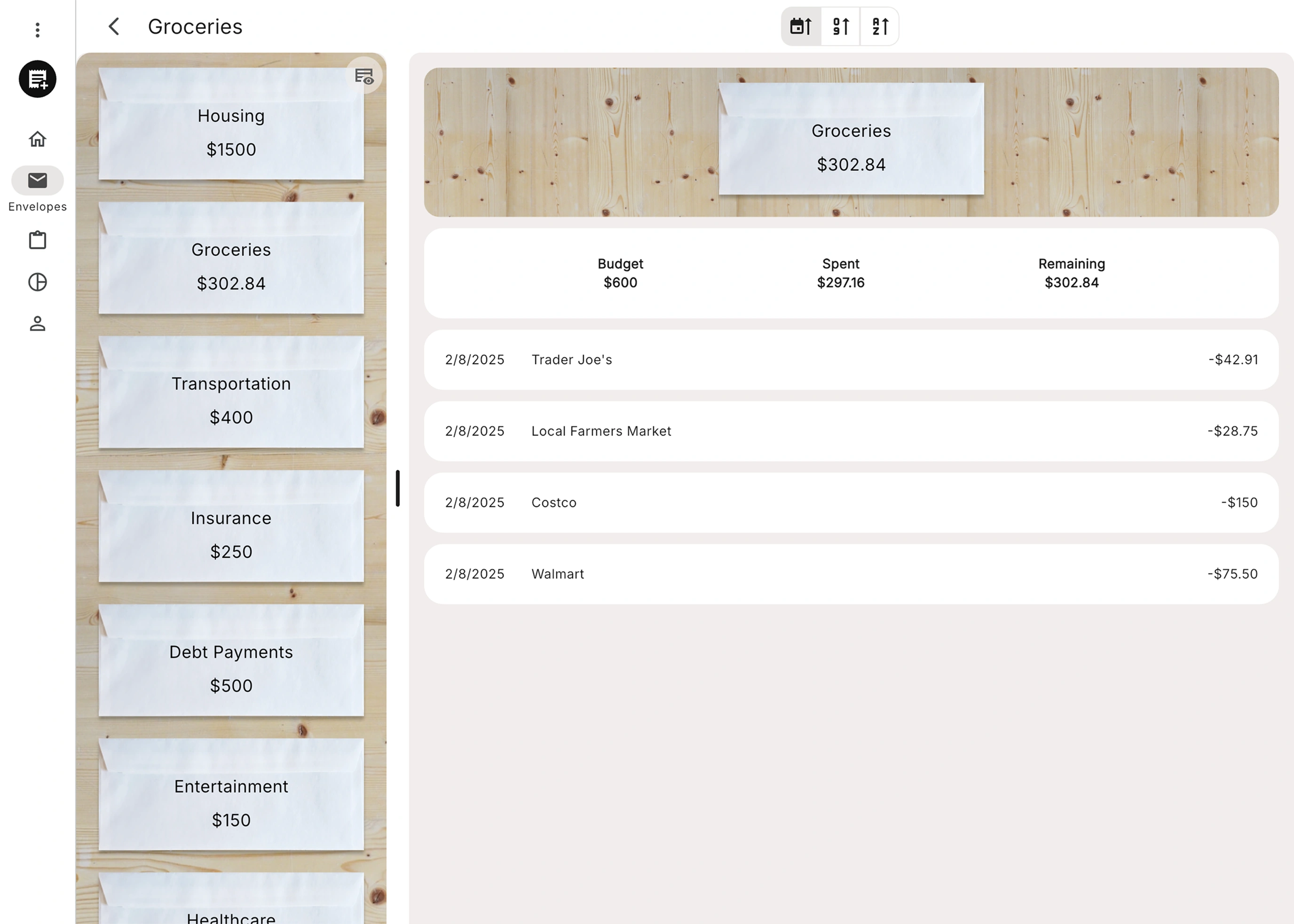 RealBudget digital envelopes and transactions on a desktop screen