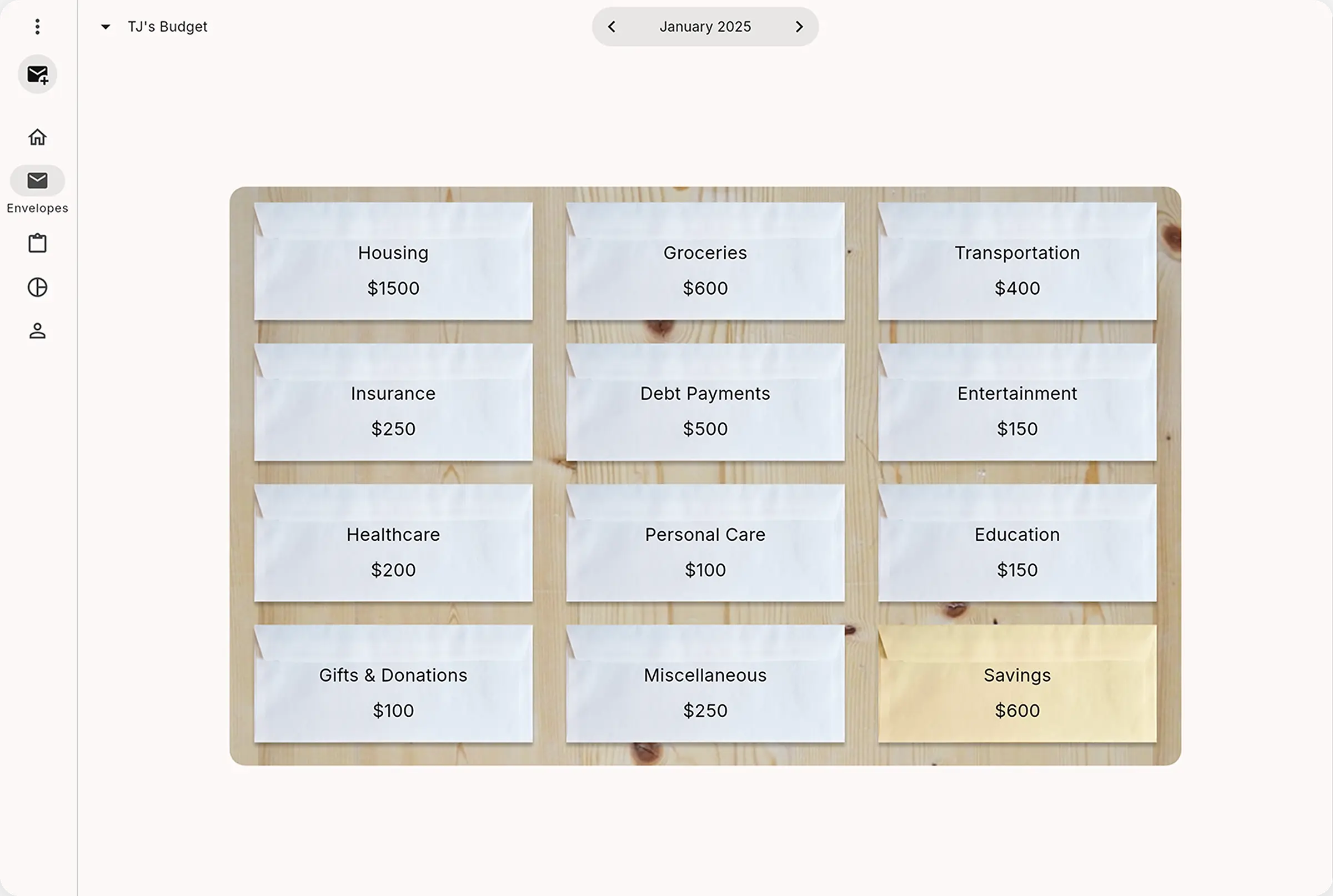 RealBudget envelopes list page on desktop or tablet screen