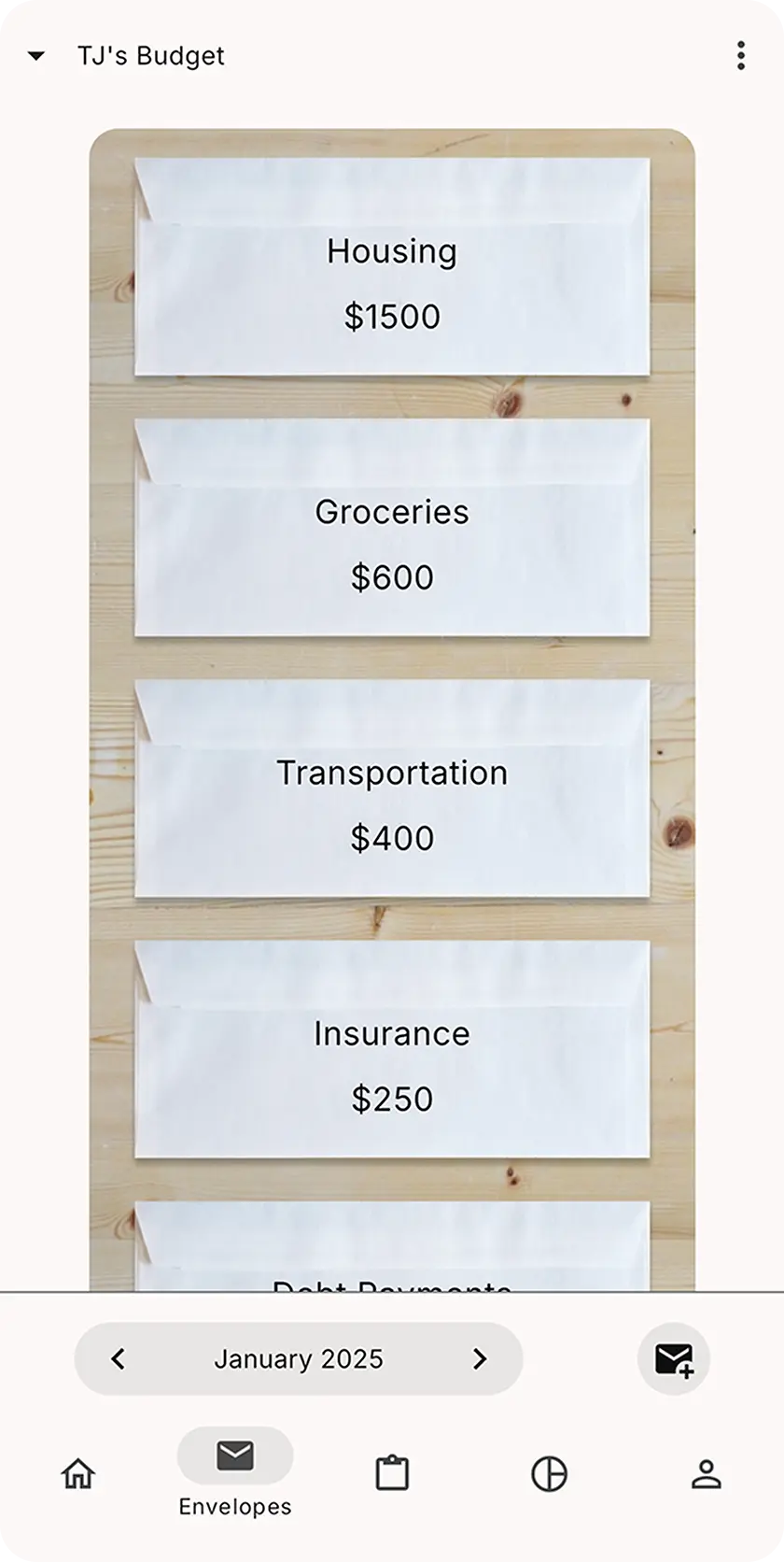 RealBudget envelopes list page on phone screen