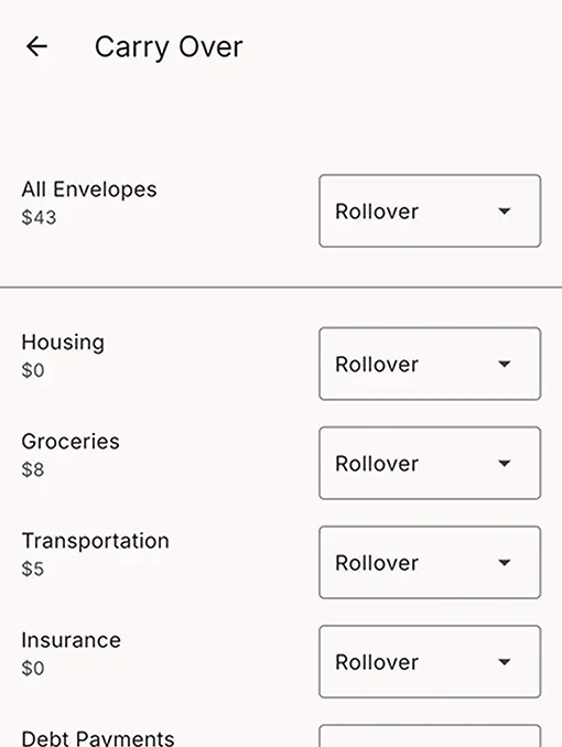 RealBudget carry over envelopes page on phone screen