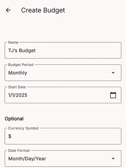 RealBudget create budget page on phone screen