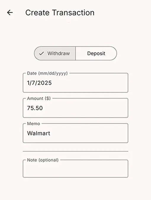 RealBudget create transaction page on phone screen